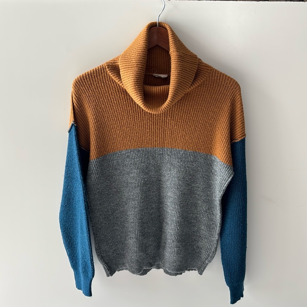 Colorblock Turtleneck Sweater - Brown, Gray, and Blue